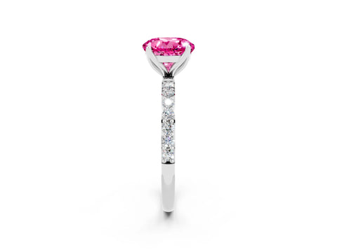 White gold Round Cut Pink Sapphire Solitaire Engagement Ring with Pavé Band and Prong Setting_2