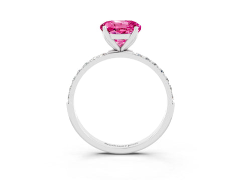 White gold Round Cut Pink Sapphire Solitaire Engagement Ring with Pavé Band and Prong Setting_3