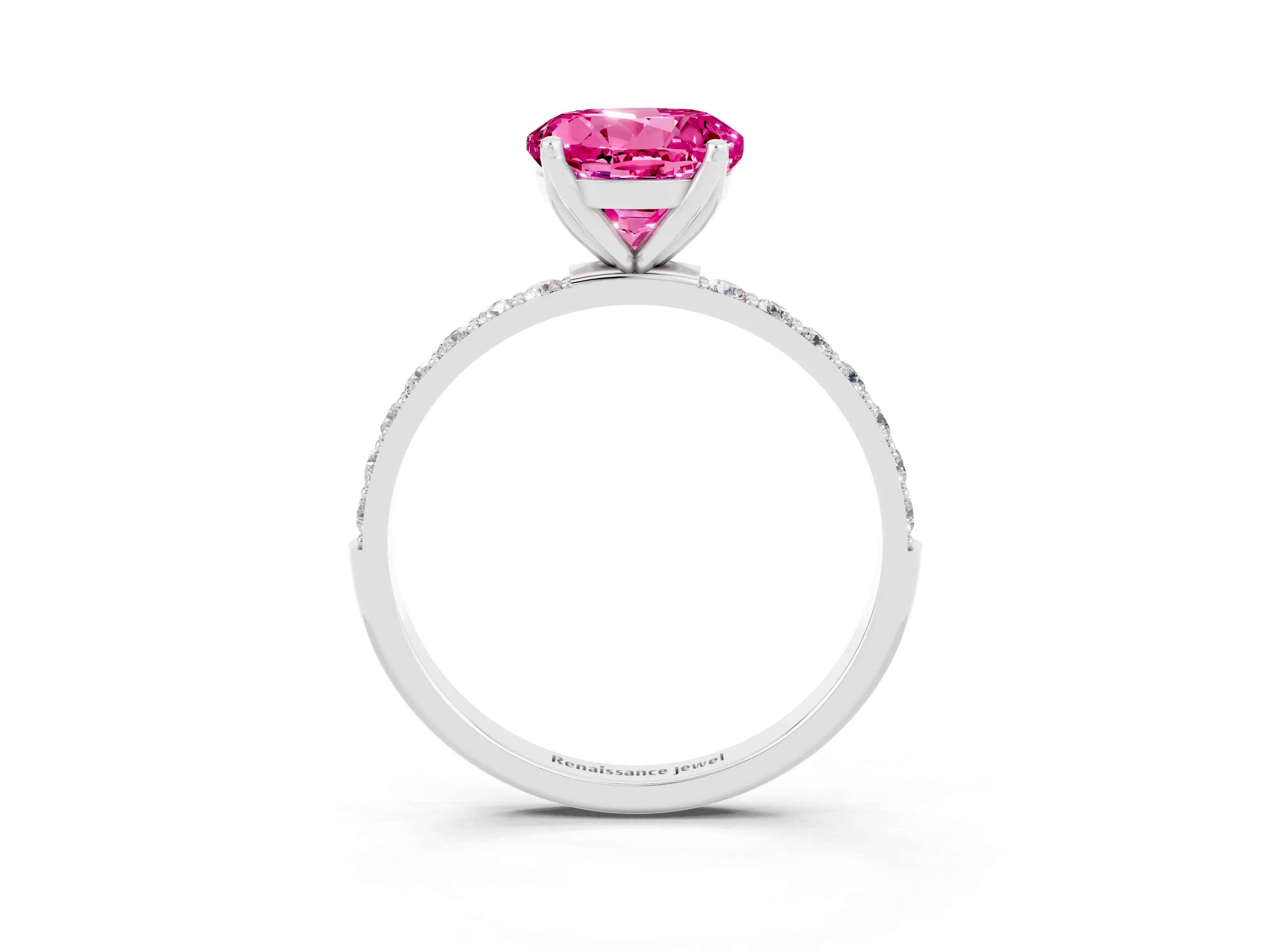 White gold Round Cut Pink Sapphire Solitaire Engagement Ring with Pavé Band and Prong Setting_3