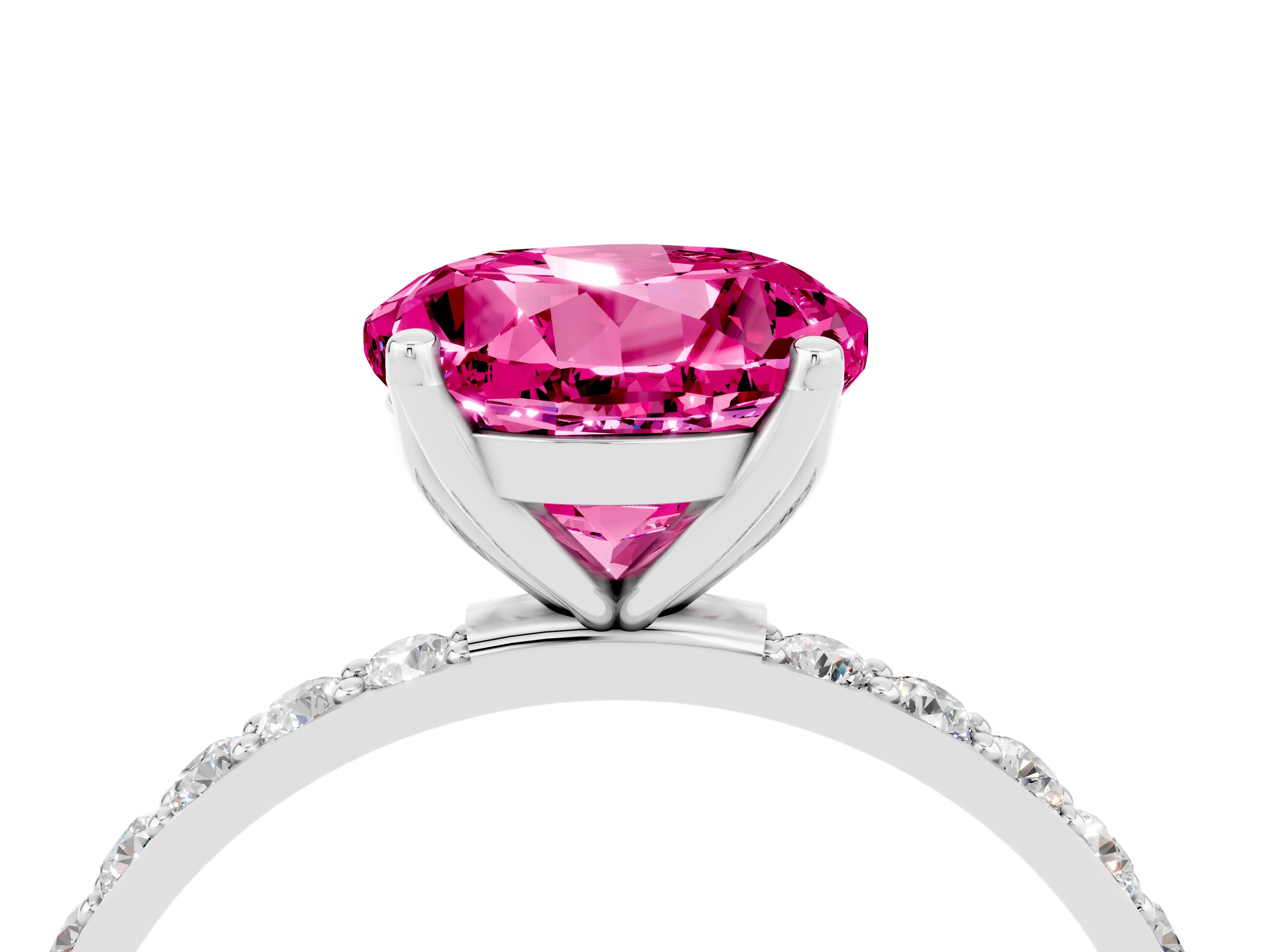 White gold Round Cut Pink Sapphire Solitaire Engagement Ring with Pavé Band and Prong Setting_4