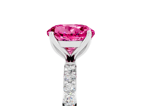 White gold Round Cut Pink Sapphire Solitaire Engagement Ring with Pavé Band and Prong Setting_5