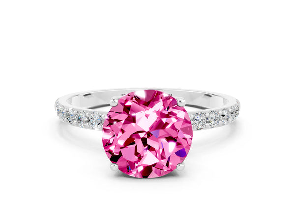 White gold Round Cut Pink Sapphire Solitaire Engagement Ring with Round  Pavé Band and Prong Setting