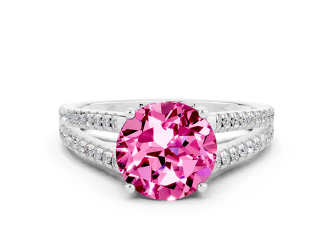White gold Round Cut Pink Sapphire Solitaire Engagement Ring with Split Shank Pavé Band_12