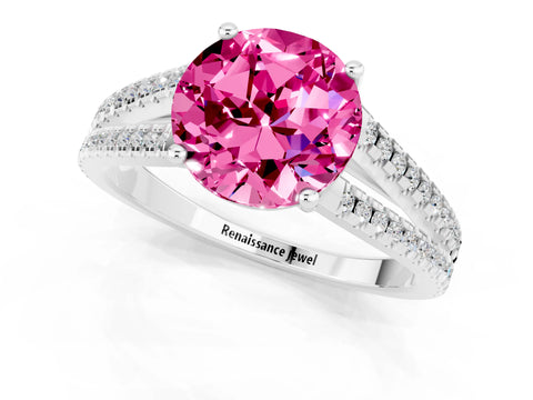 White gold Round Cut Pink Sapphire Solitaire Engagement Ring with Split Shank Pavé Band_13