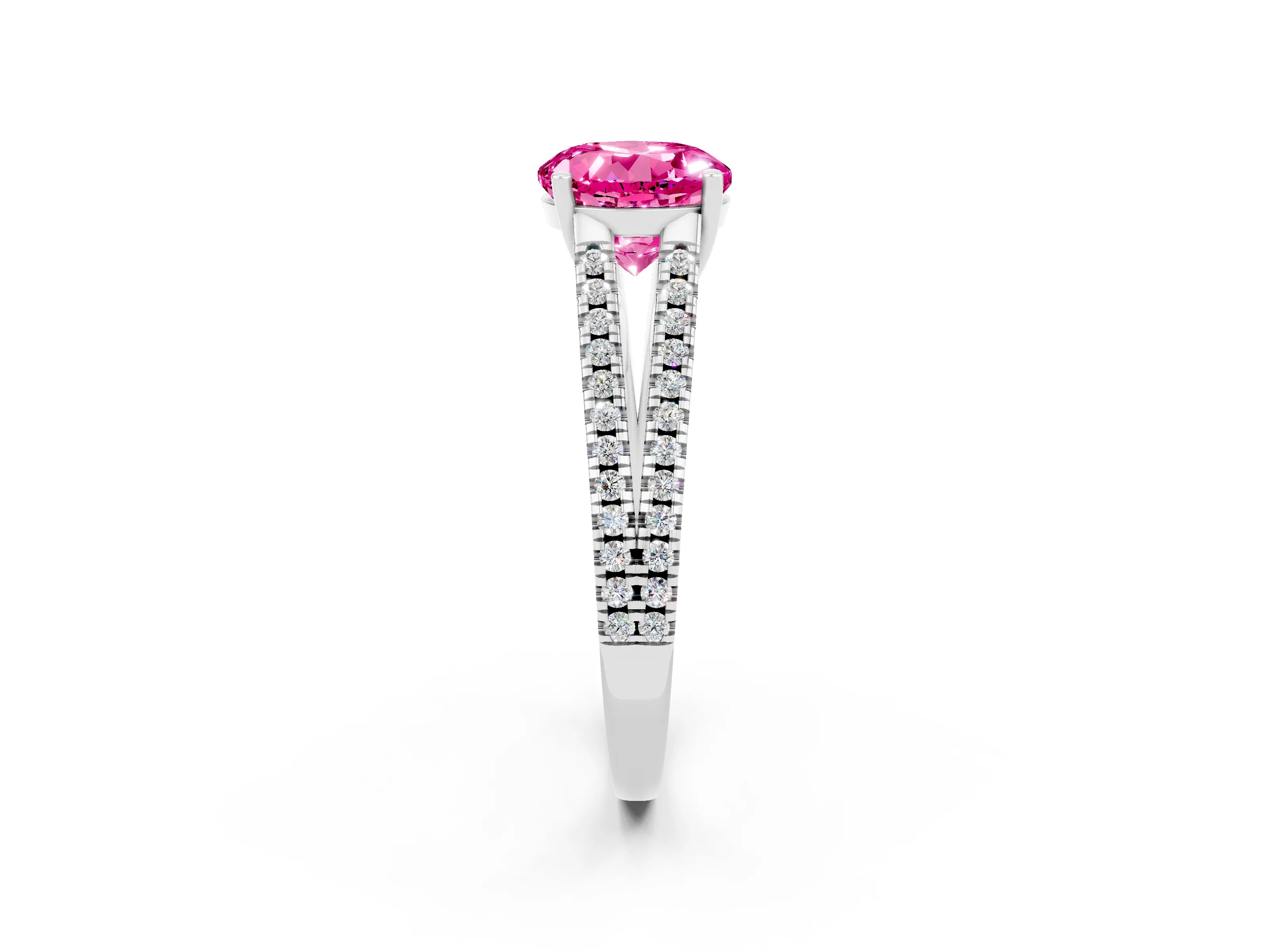 White gold Round Cut Pink Sapphire Solitaire Engagement Ring with Split Shank Pavé Band_14