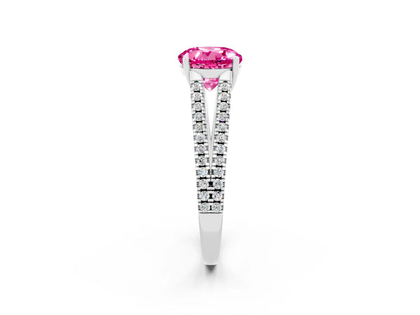 White gold Round Cut Pink Sapphire Solitaire Engagement Ring with Split Shank Pavé Band
