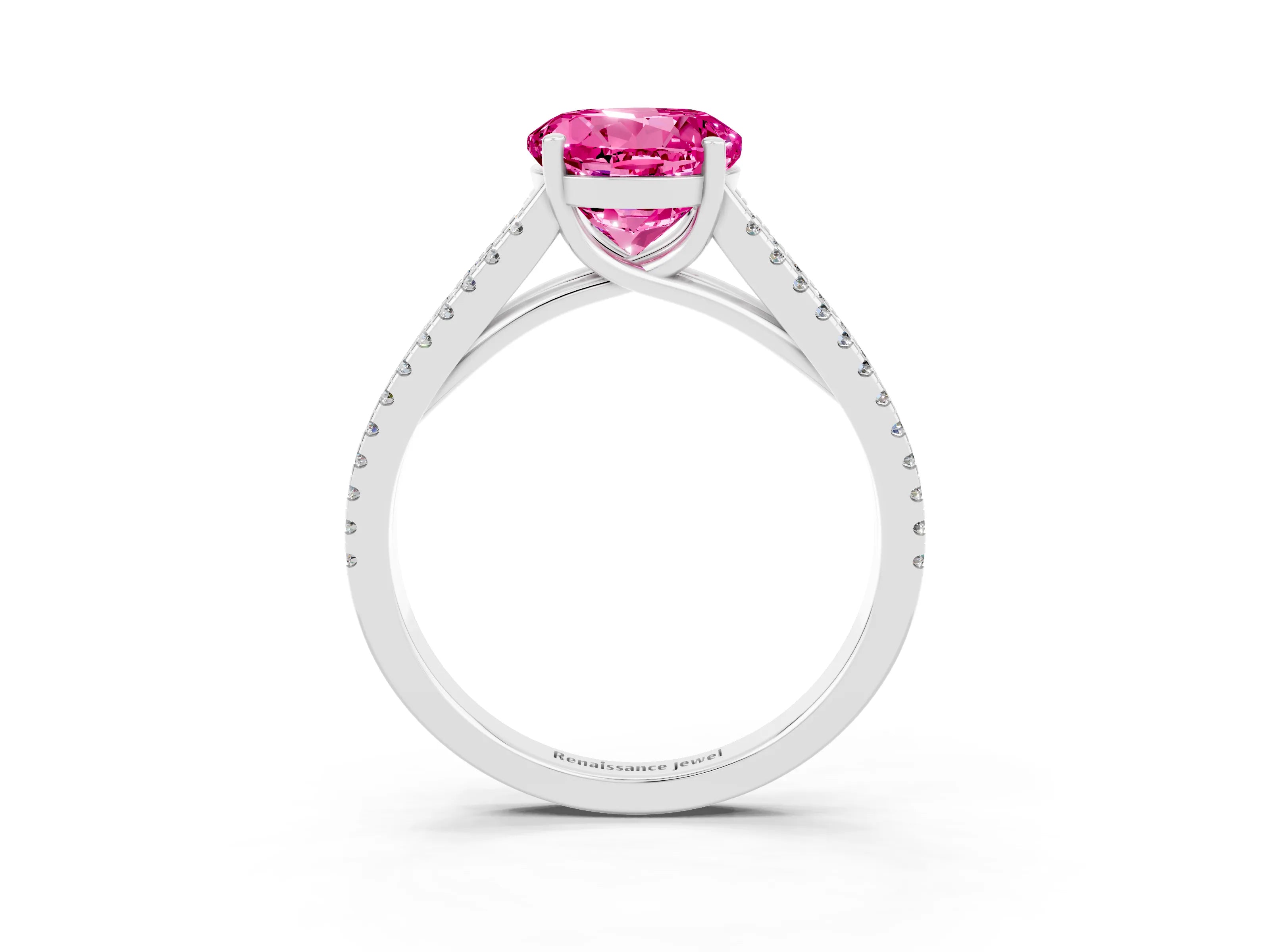 White gold Round Cut Pink Sapphire Solitaire Engagement Ring with Split Shank Pavé Band_15