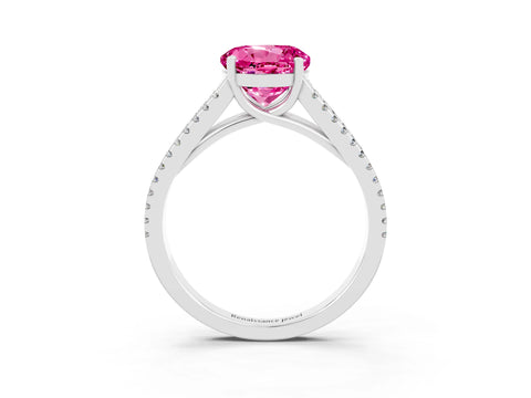 White gold Round Cut Pink Sapphire Solitaire Engagement Ring with Split Shank Pavé Band_15