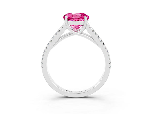 White gold Round Cut Pink Sapphire Solitaire Engagement Ring with Split Shank Pavé Band