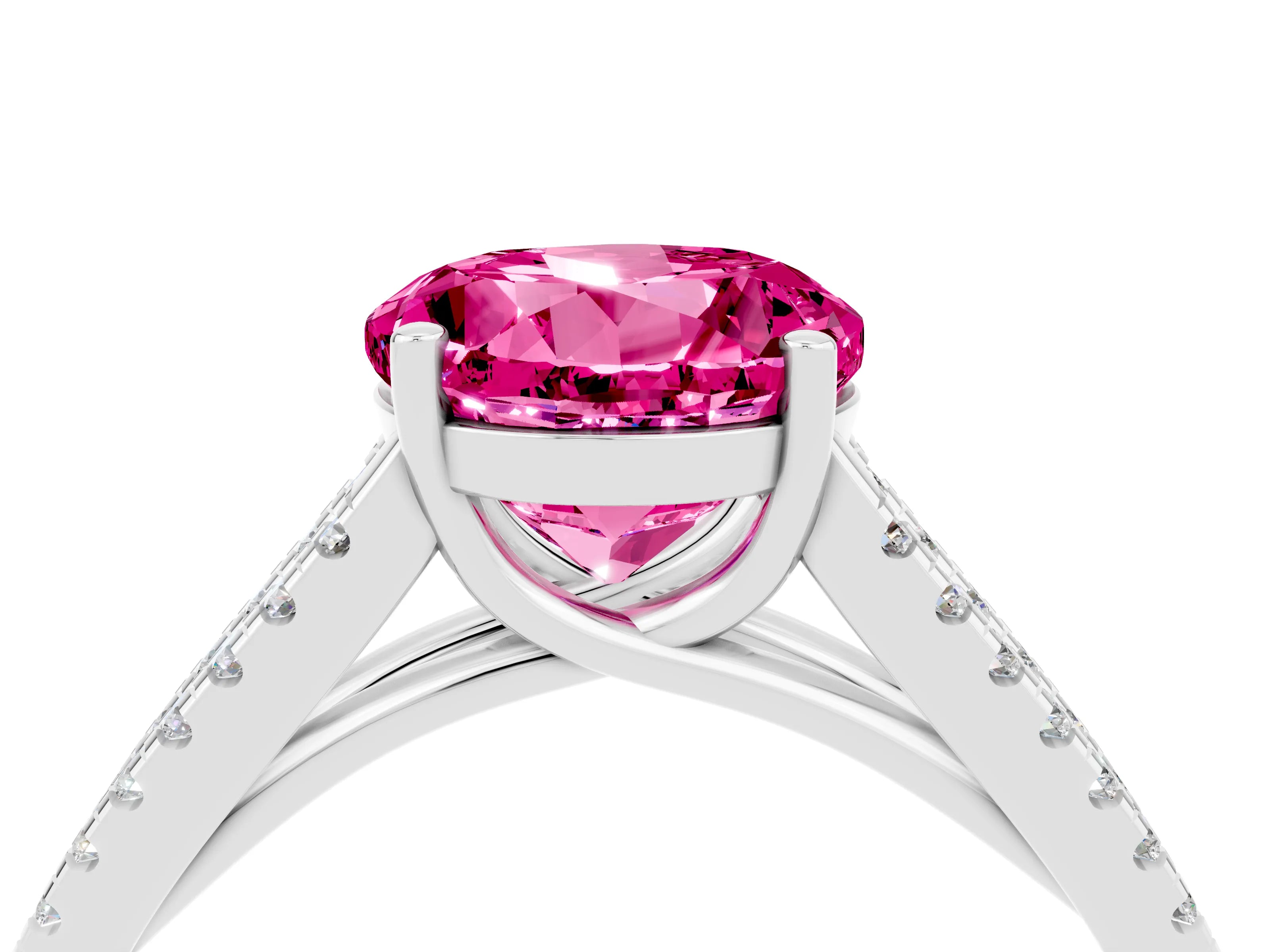 White gold Round Cut Pink Sapphire Solitaire Engagement Ring with Split Shank Pavé Band_16