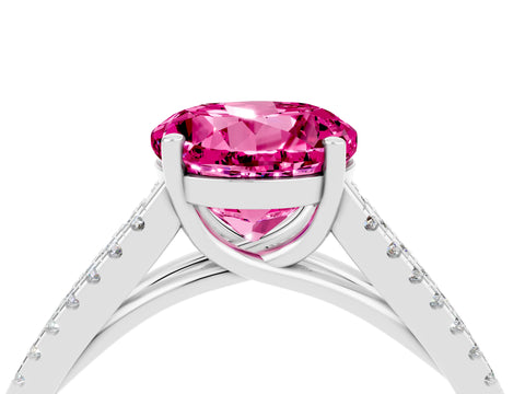 White gold Round Cut Pink Sapphire Solitaire Engagement Ring with Split Shank Pavé Band_16