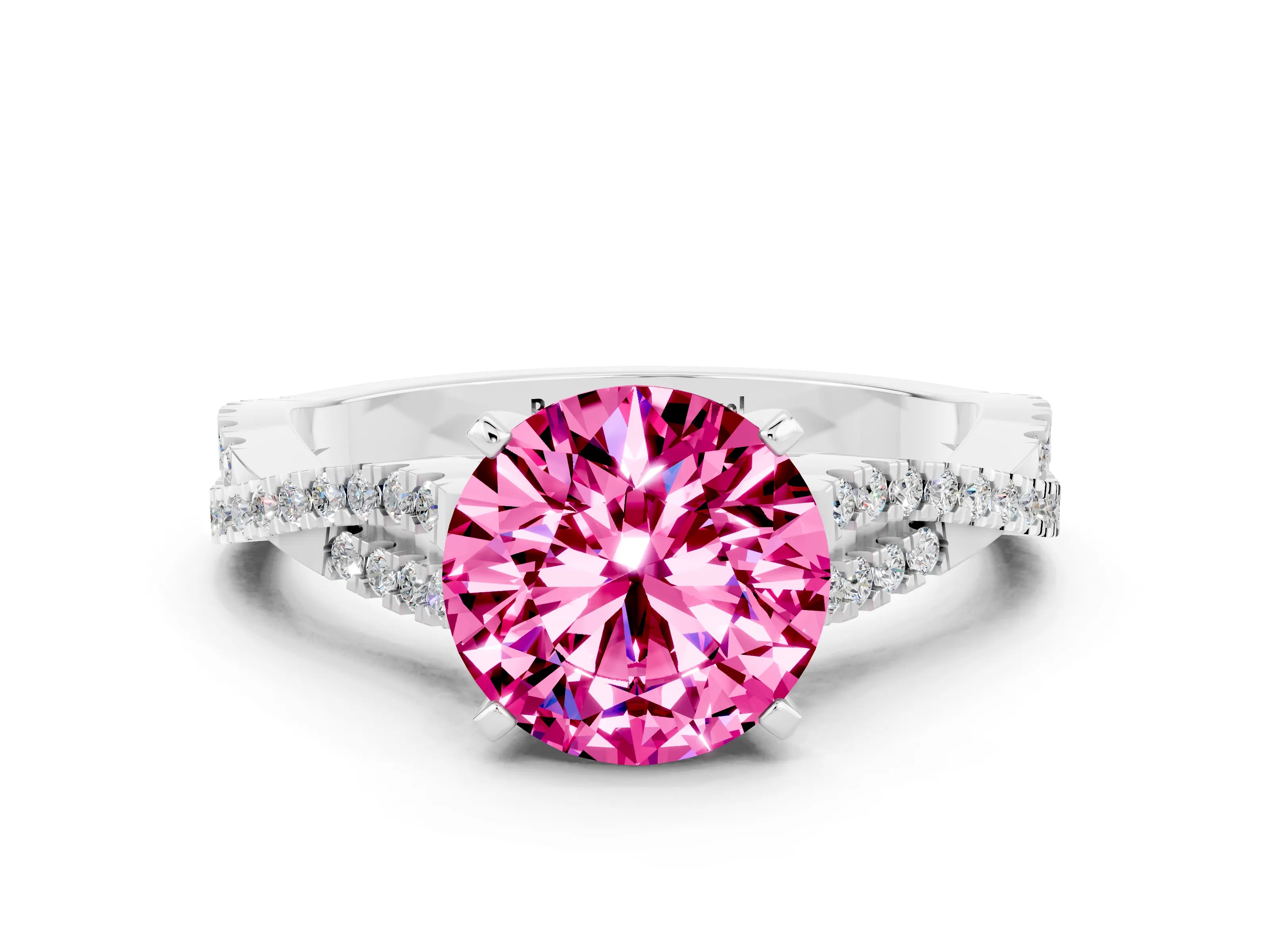 White gold Round Cut Pink Sapphire Solitaire Engagement Ring with Twisted Pavé Band and Four-Prong Setting_12