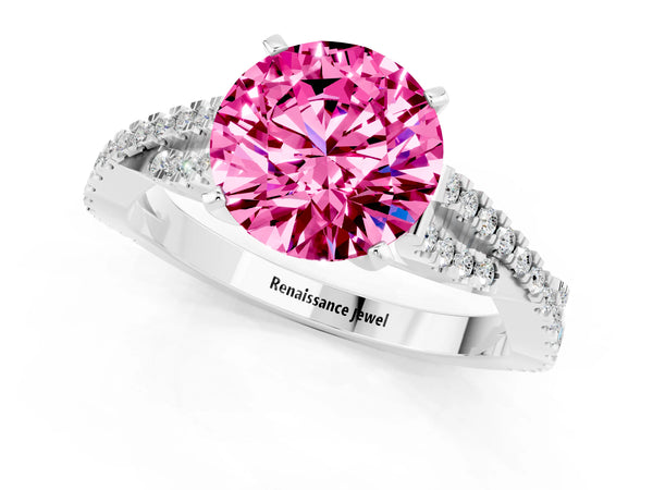 White gold Round Cut Pink Sapphire Solitaire Engagement Ring with Twisted Pavé Band and Four-Prong Setting
