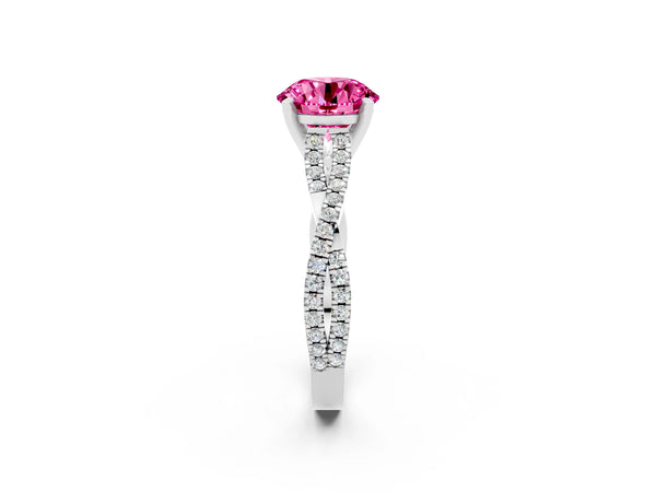 Platinum Round Cut Pink Sapphire Solitaire Engagement Ring with Twisted Pavé Band and Four-Prong Setting