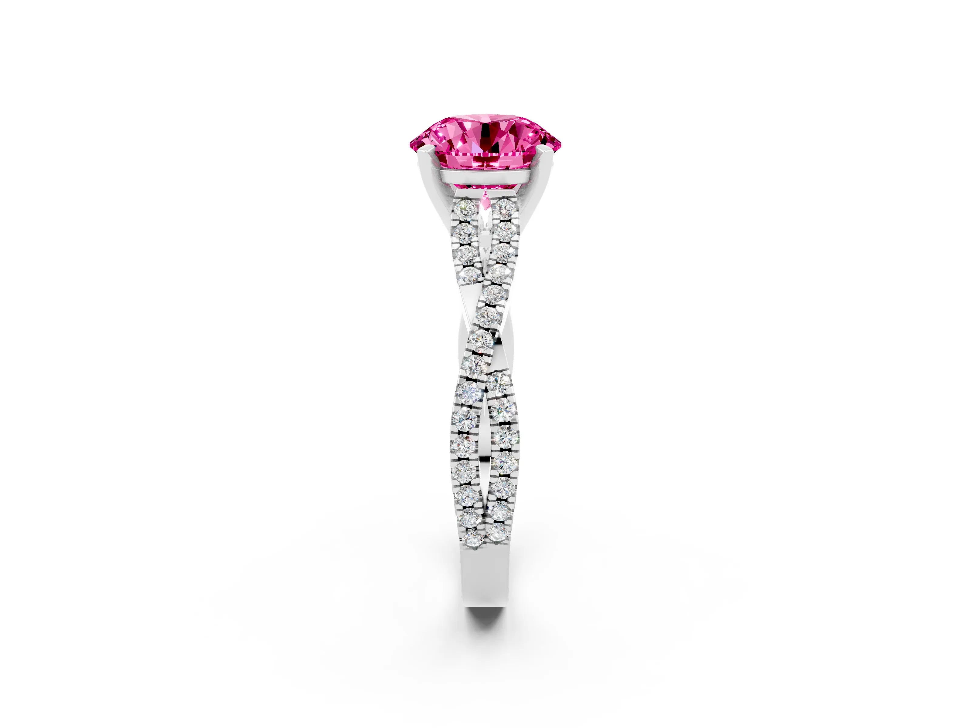 White gold Round Cut Pink Sapphire Solitaire Engagement Ring with Twisted Pavé Band and Four-Prong Setting_14