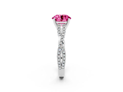 White gold Round Cut Pink Sapphire Solitaire Engagement Ring with Twisted Pavé Band and Four-Prong Setting_14