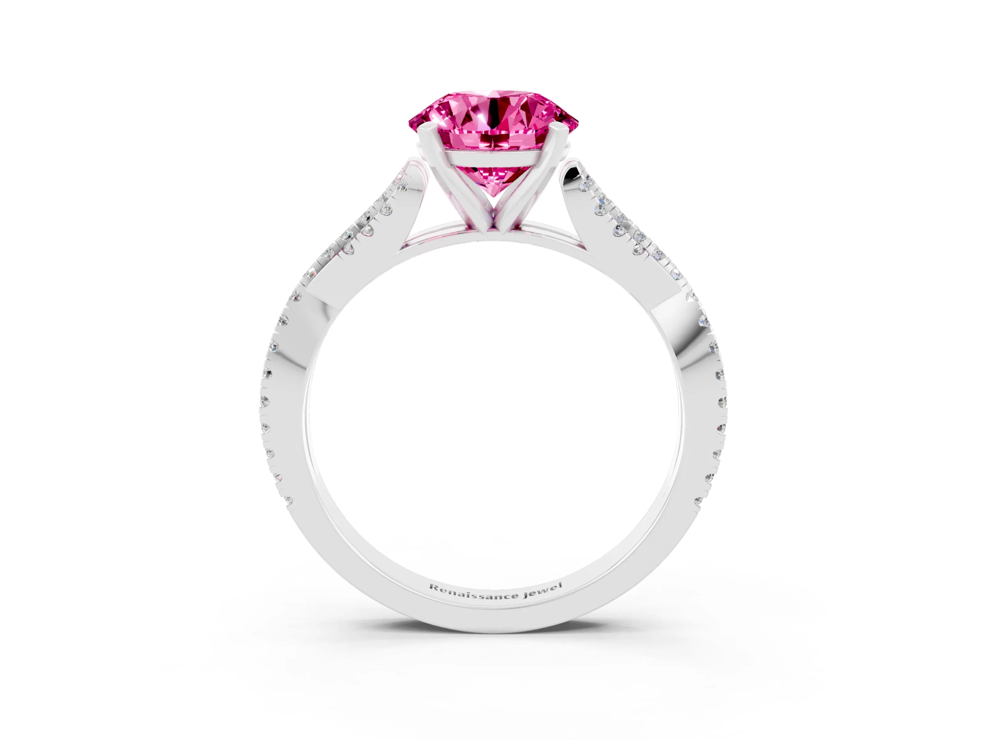 White gold Round Cut Pink Sapphire Solitaire Engagement Ring with Twisted Pavé Band and Four-Prong Setting_15