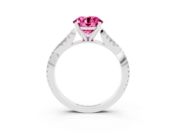 Silver Round Cut Pink Sapphire Solitaire Engagement Ring with Twisted Pavé Band and Four-Prong Setting