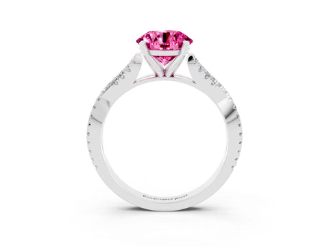 White gold Round Cut Pink Sapphire Solitaire Engagement Ring with Twisted Pavé Band and Four-Prong Setting_15