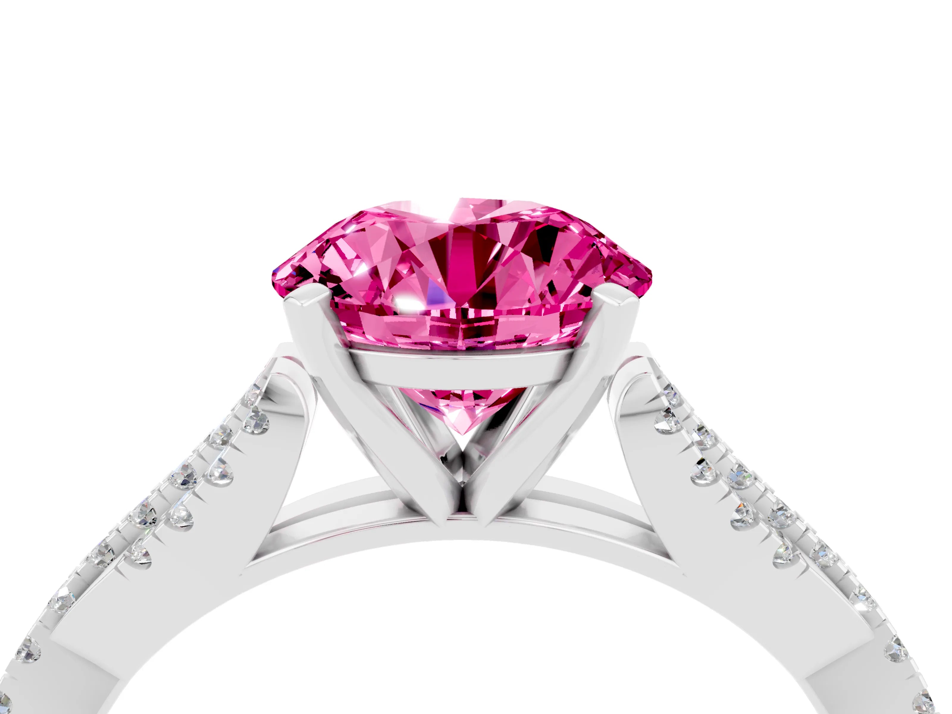 White gold Round Cut Pink Sapphire Solitaire Engagement Ring with Twisted Pavé Band and Four-Prong Setting_16