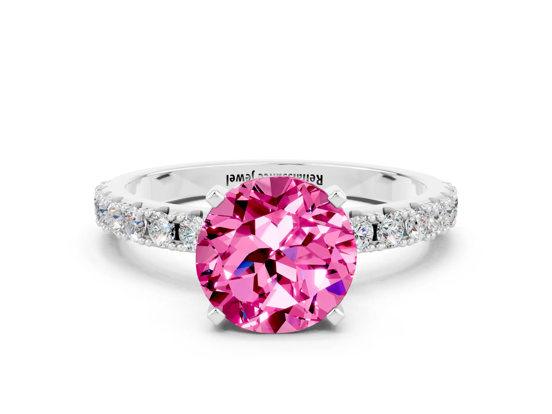 White gold Round Cut Pink Sapphire Solitaire Pavé Band with Four-Prong Setting_24