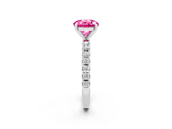 White gold Round Cut Pink Sapphire Solitaire Pavé Band with Four-Prong Setting