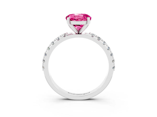 Platinum Round Cut Pink Sapphire Solitaire Pavé Band with Four-Prong Setting