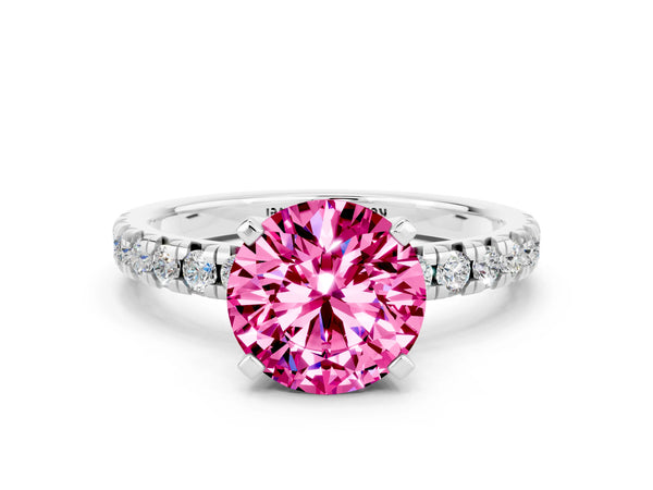 Platinum Round Cut Pink Sapphire Solitaire Pavé Engagement Ring with Round Band and Prong Setting