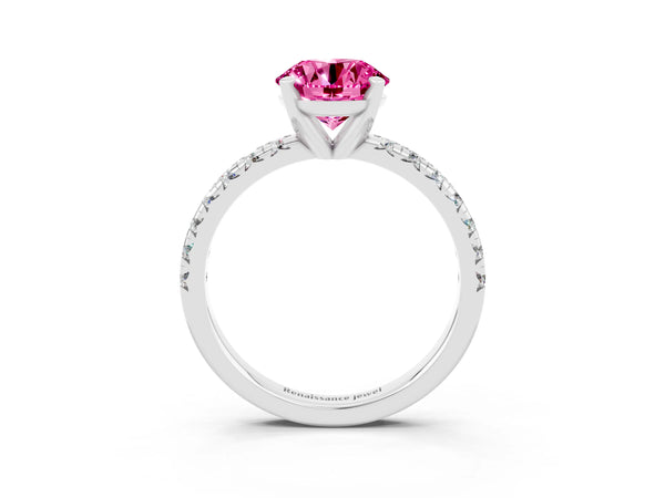 White gold Round Cut Pink Sapphire Solitaire Pavé Engagement Ring with Round Band and Prong Setting