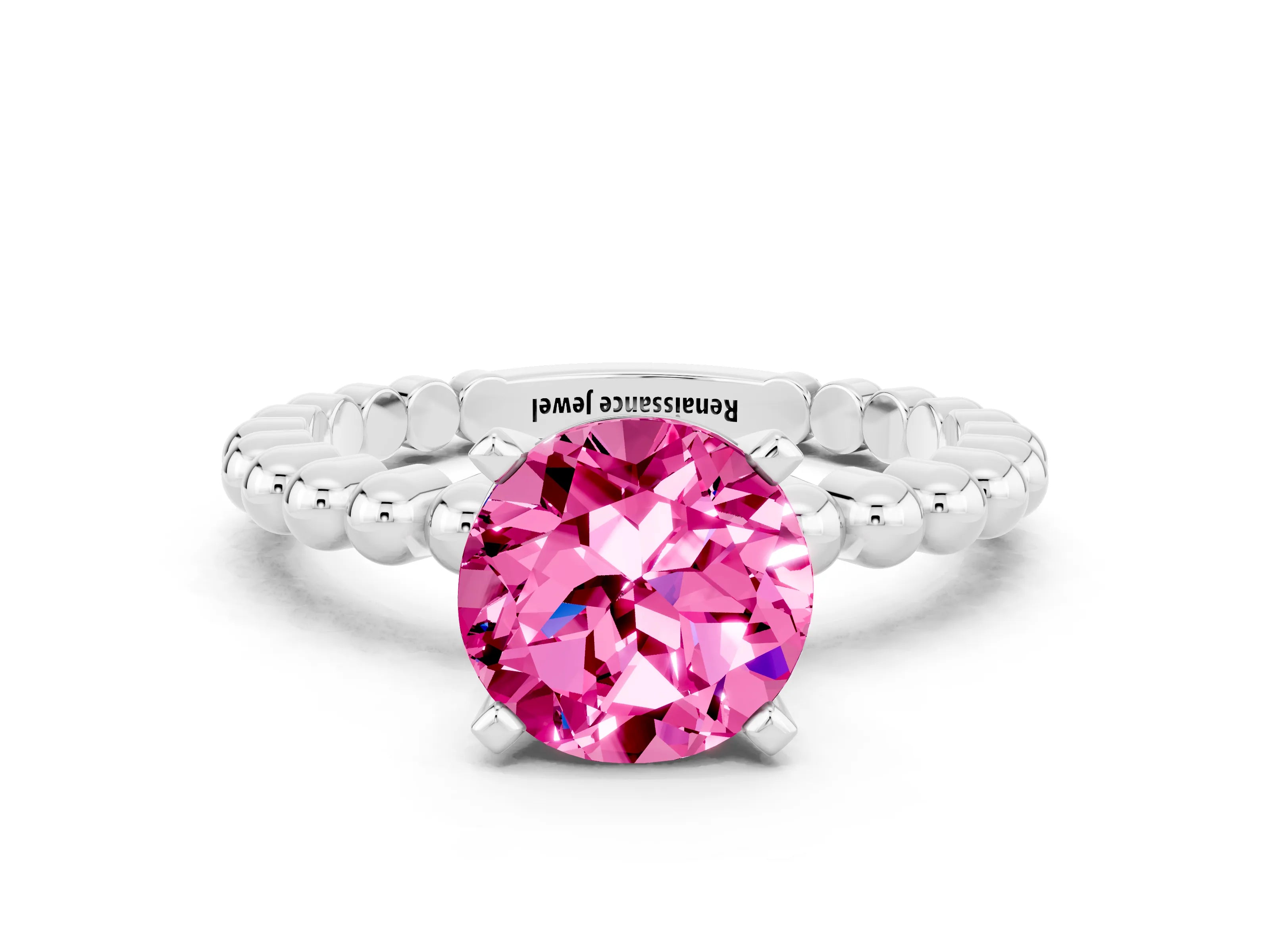 White gold Round Cut Pink Sapphire Solitaire Ring with Beaded Band and Prong Setting