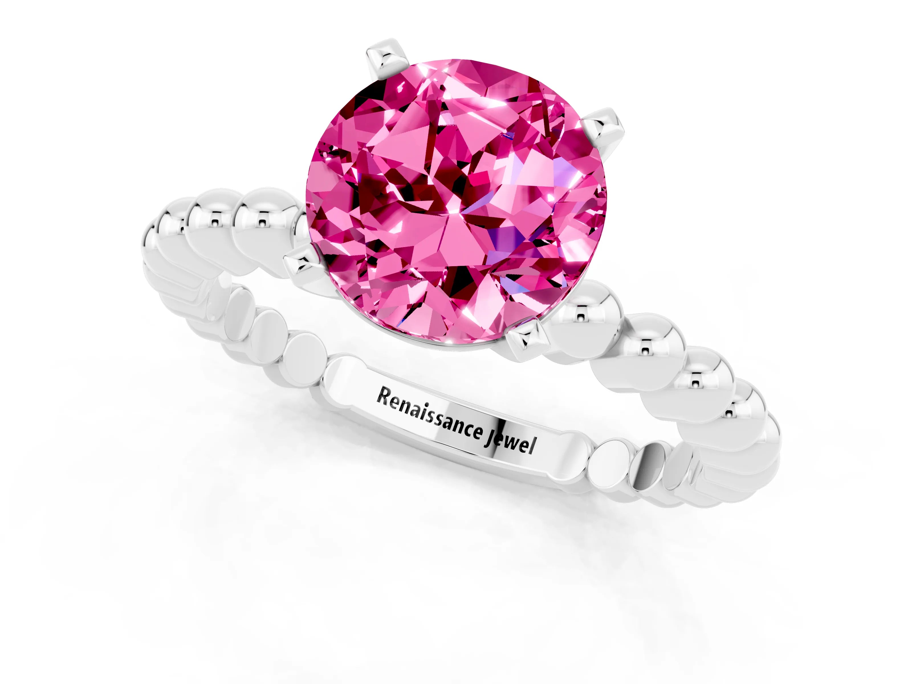 White gold Round Cut Pink Sapphire Solitaire Ring with Beaded Band and Prong Setting_13