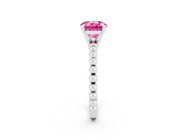 White gold Round Cut Pink Sapphire Solitaire Ring with Beaded Band and Prong Setting