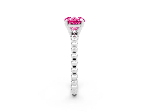White gold Round Cut Pink Sapphire Solitaire Ring with Beaded Band and Prong Setting_14
