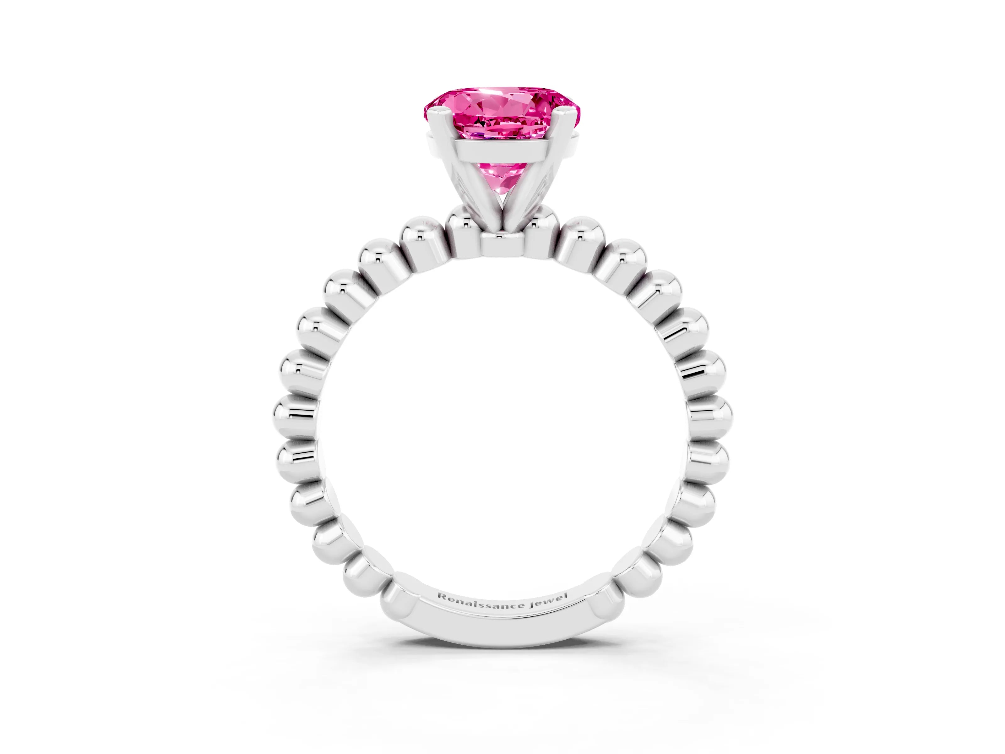 White gold Round Cut Pink Sapphire Solitaire Ring with Beaded Band and Prong Setting_15