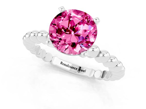 Silver Round Cut Pink Sapphire Solitaire Ring with Beaded Band and Prong Setting