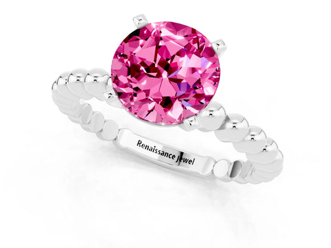 White gold Round Cut Pink Sapphire Solitaire Ring with Beaded Band and Prong Setting_1