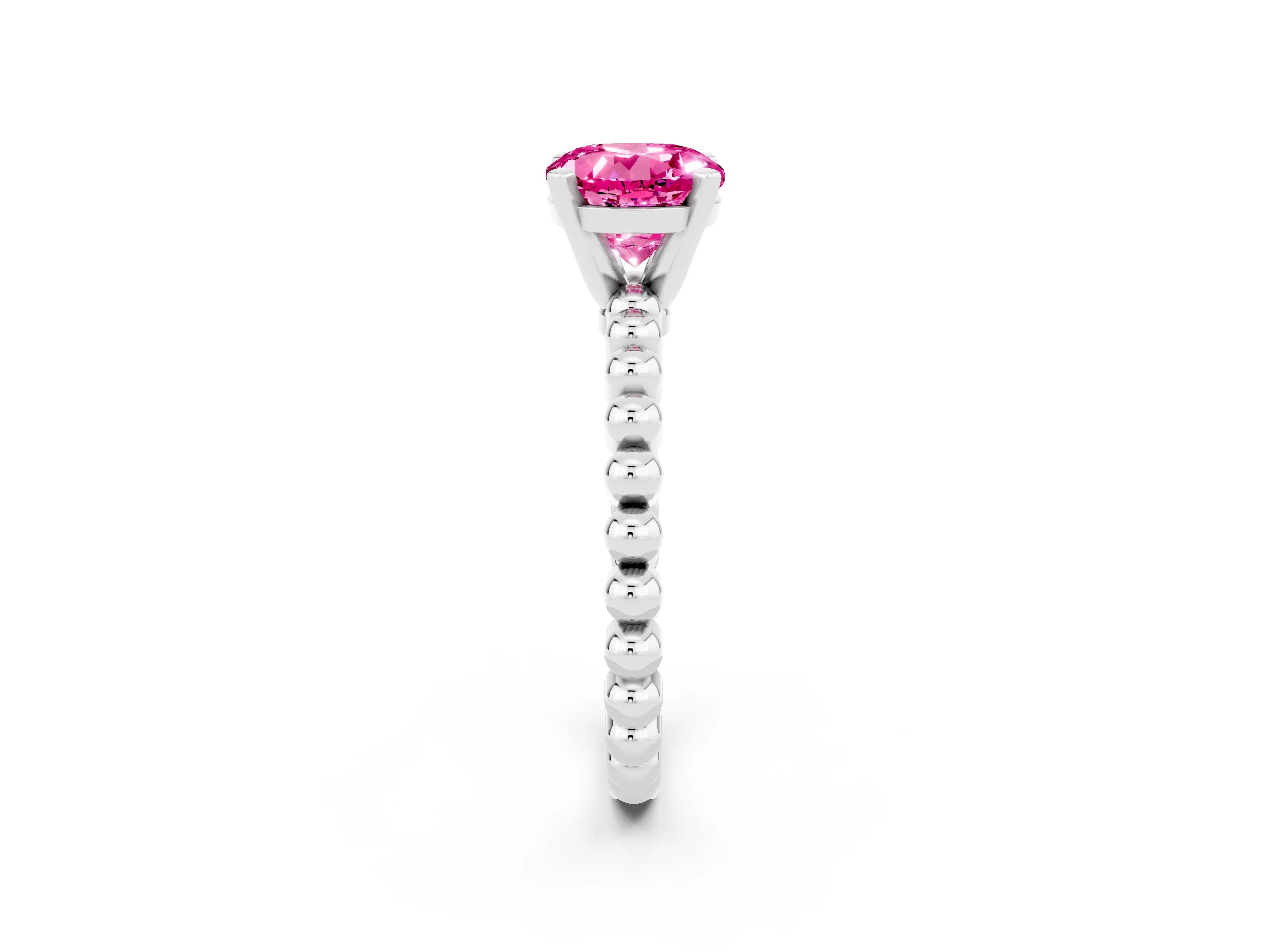 White gold Round Cut Pink Sapphire Solitaire Ring with Beaded Band and Prong Setting_2
