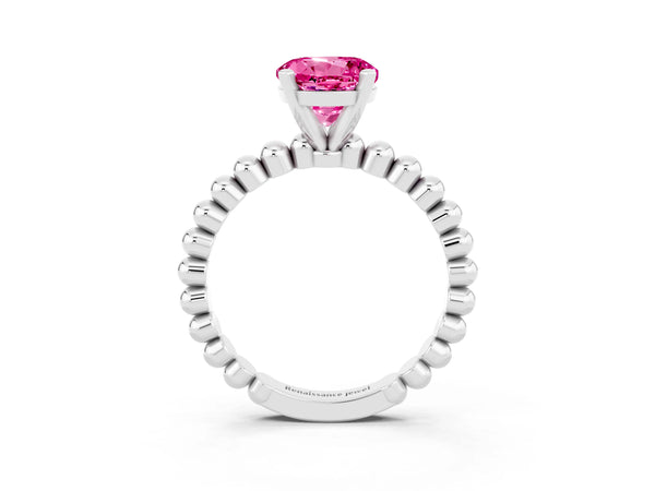 Platinum Round Cut Pink Sapphire Solitaire Ring with Beaded Band and Prong Setting