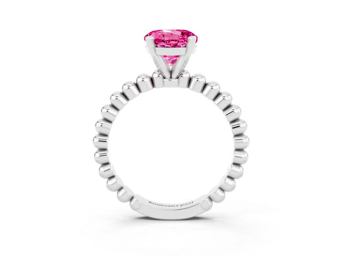 White gold Round Cut Pink Sapphire Solitaire Ring with Beaded Band and Prong Setting_3