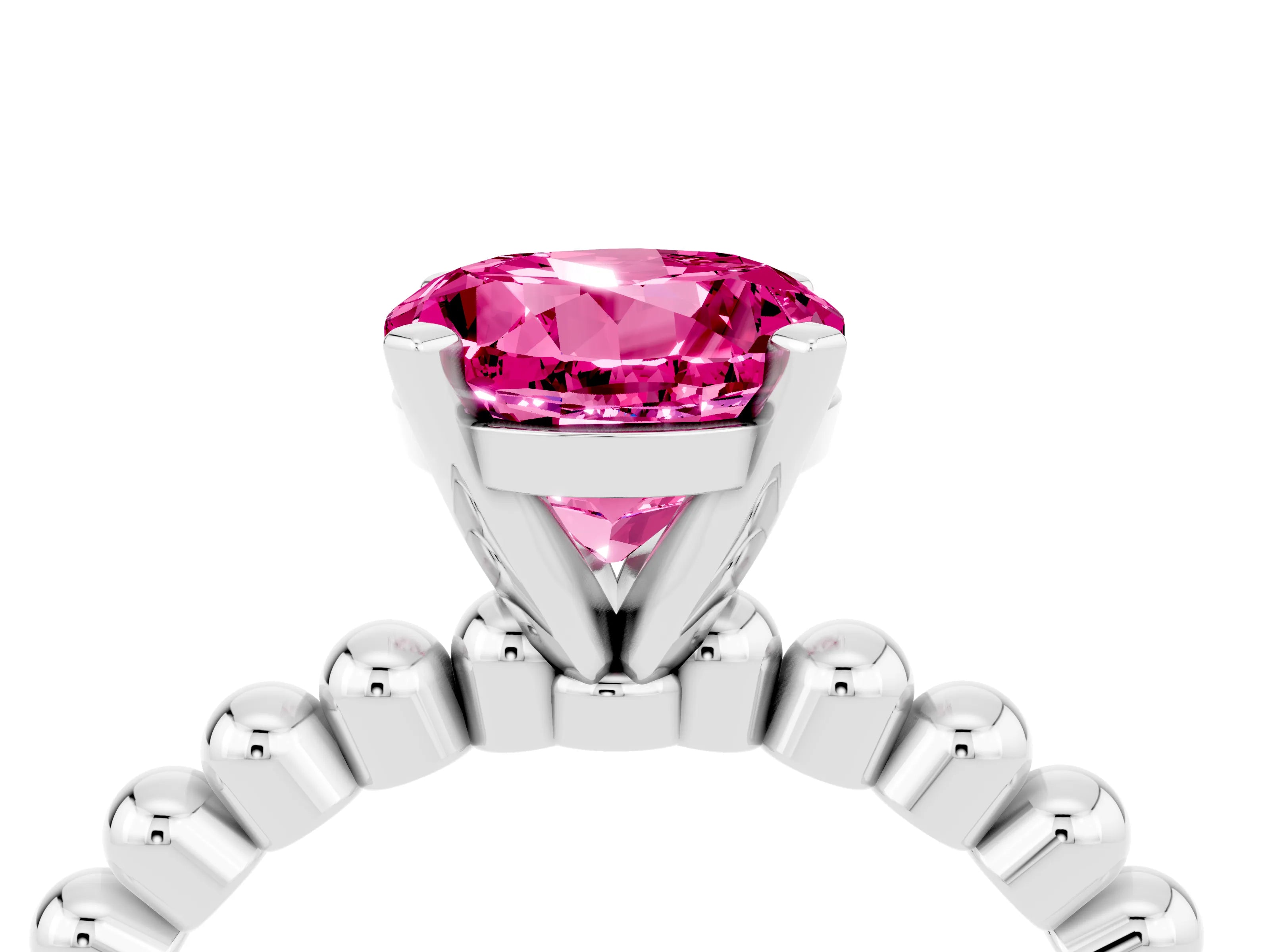 White gold Round Cut Pink Sapphire Solitaire Ring with Beaded Band and Prong Setting_4