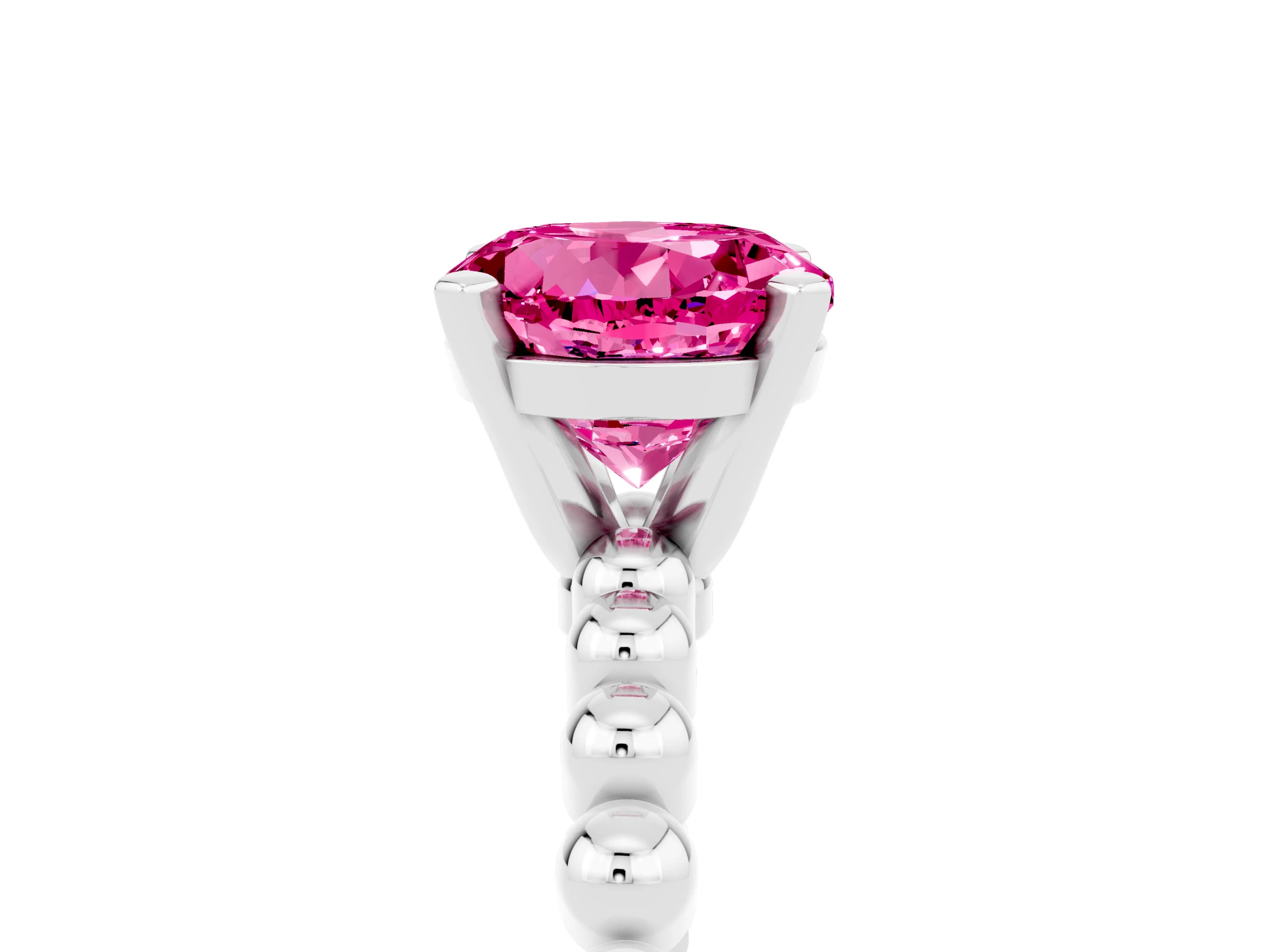 White gold Round Cut Pink Sapphire Solitaire Ring with Beaded Band and Prong Setting_5