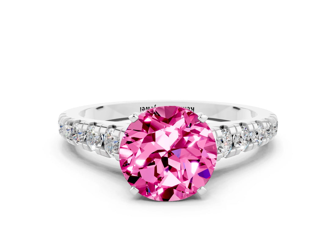 White gold Round Cut Pink Sapphire Solitaire Ring with Cathedral Setting and Pavé Band_24