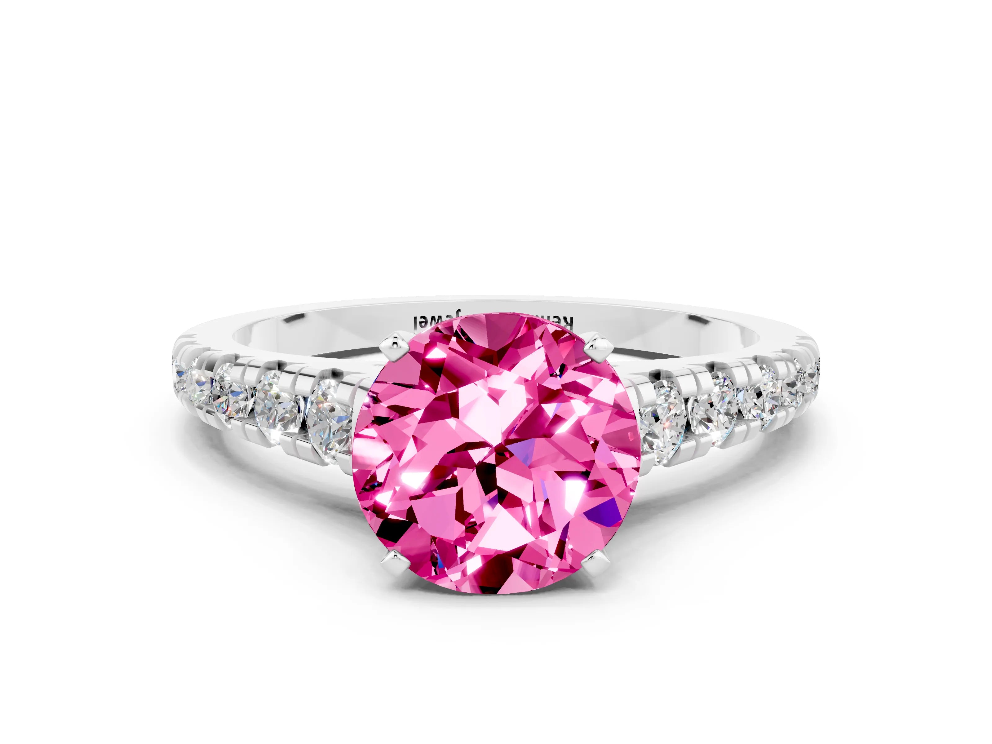 White gold Round Cut Pink Sapphire Solitaire Ring with Cathedral Setting and Pavé Band_24