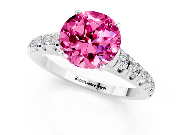Silver Round Cut Pink Sapphire Cathedral Solitaire Ring with Round  Pavé Band