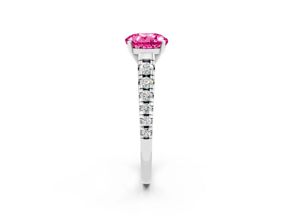 Platinum Round Cut Pink Sapphire Cathedral Solitaire Ring with Round  Pavé Band