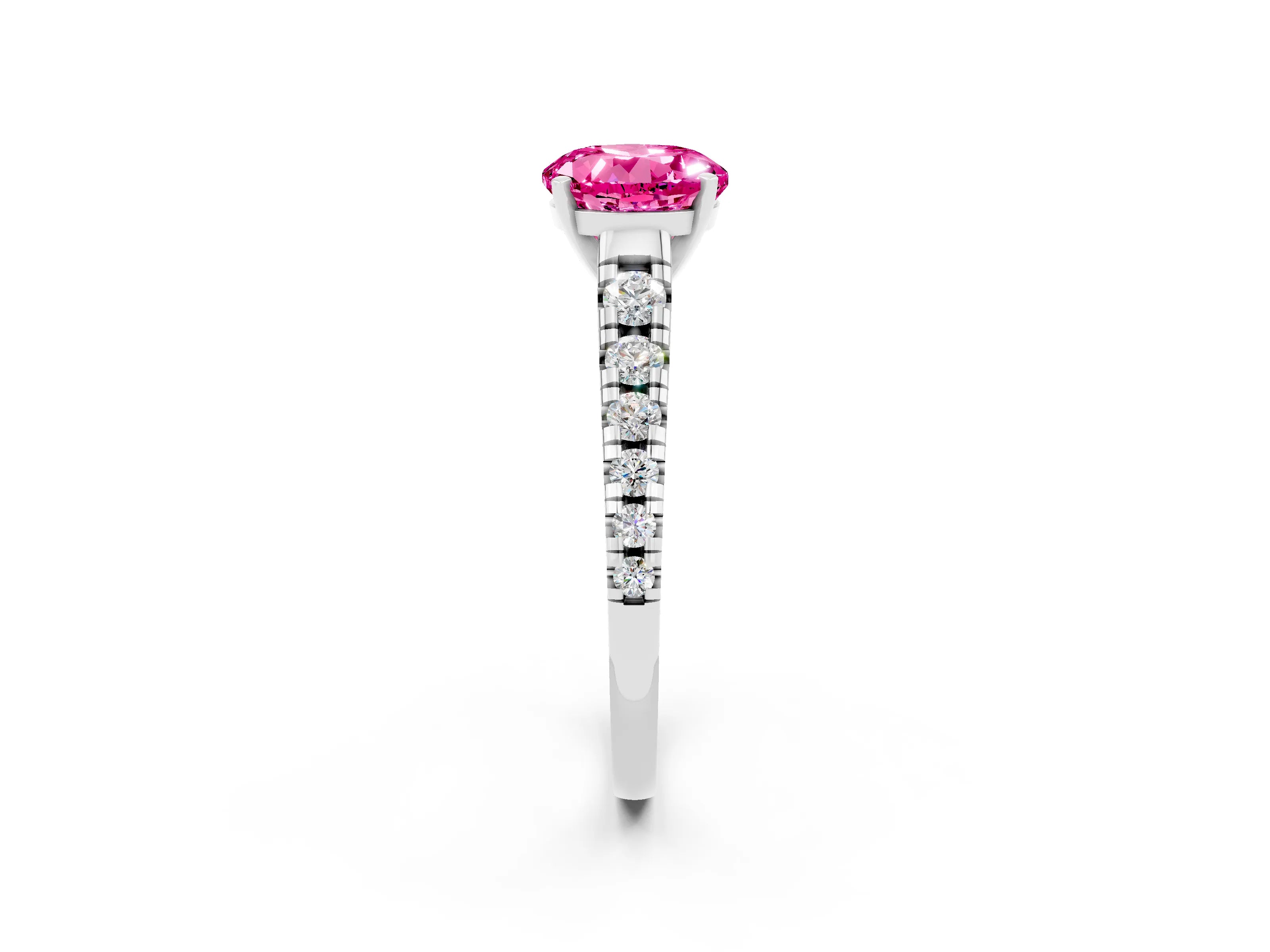 White gold Round Cut Pink Sapphire Solitaire Ring with Cathedral Setting and Pavé Band_26