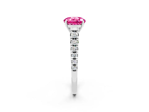 White gold Round Cut Pink Sapphire Solitaire Ring with Cathedral Setting and Pavé Band_26