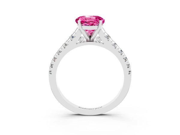Silver Round Cut Pink Sapphire Cathedral Solitaire Ring with Round  Pavé Band