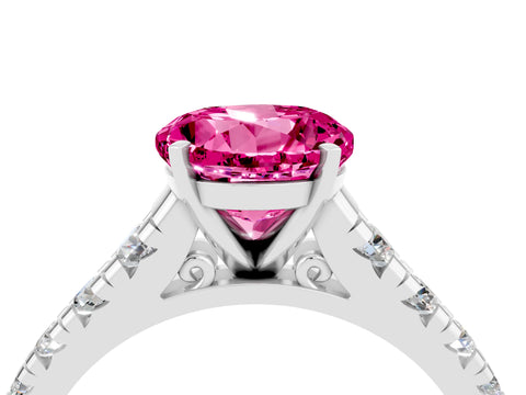 White gold Round Cut Pink Sapphire Solitaire Ring with Cathedral Setting and Pavé Band_28