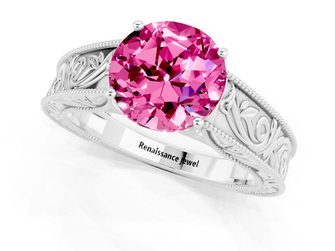 White gold Round Cut Pink Sapphire Solitaire Ring with Engraved Band and Four-Prong Setting_1